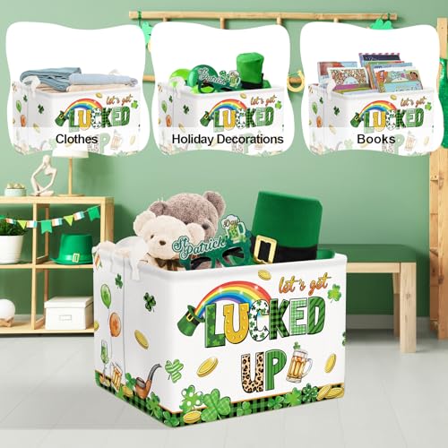 Image of Clastyle Lucky Clovers Saint Patrick's Day Baby Gift Basket Collapsible Rectangle Gold Coin Kid Toy Storage Box Rainbow Plaid Clothes Book Shelf Basket, 36L White