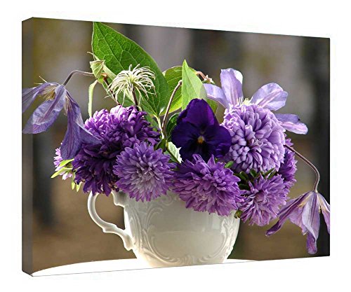 Impression sur toile premium de fleurs violettes avec cadre en bois noble d'art mural