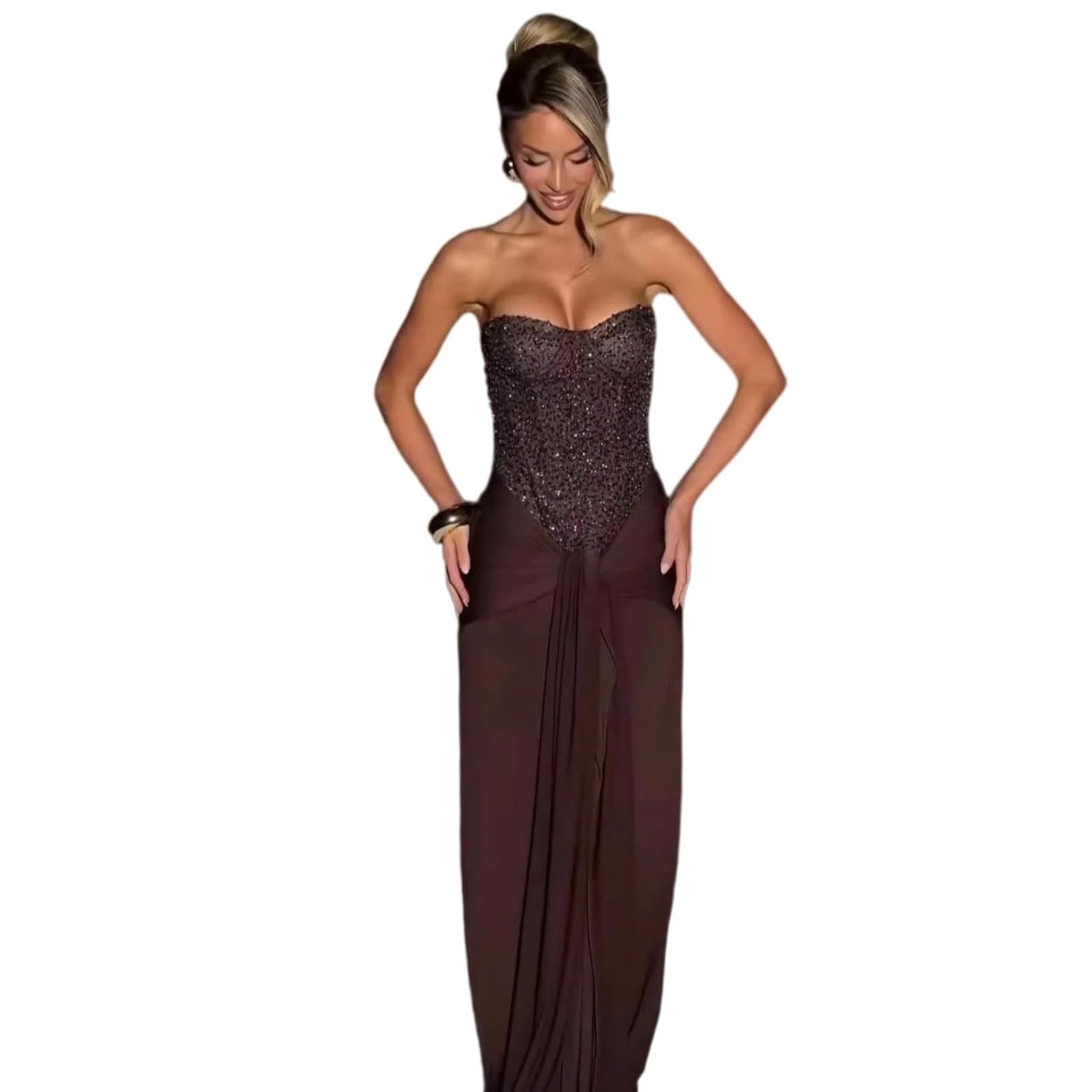 Vestito Donna Velvet Evening Maxi Dress, Elegante Paillette di Lusso Bianco Lungo Abito per Compleanno, Cocktail Party Ed Eventi Formali-White-s