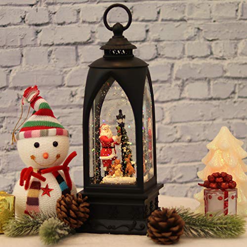Image of Eldnacele 12 inch Christmas Snow Globe Lantern Snowman with Music & Timer, USB Lined /Battery Operated Lighted Water Glittering Lantern for Christmas Festival Decoration Gifts - Santa