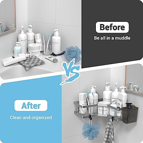 Corner Shower Caddy Bathroom Organizer: 2 Pack Adhesive Shower Shelf Decor- No Drilling Stainless Steel Shower Storage Rack with Hooks and Toothpaste Holder - Bathroom... 6