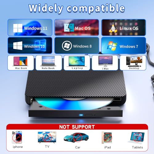 Image of Dainty External Blu ray Drives Player Read /Write Compatible Bluray Burner USB 3.0 / Type-C BD DVD Burner Blu ray Player for pc, Windows 7-11 & Mac（Black）