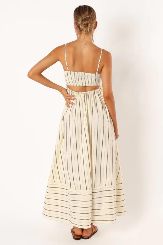 Women Striped Maxi Dress Sleeveless Backless Cutout Smocked Sundress Spaghetti Straps Boho Flowy Dresses - Image 3