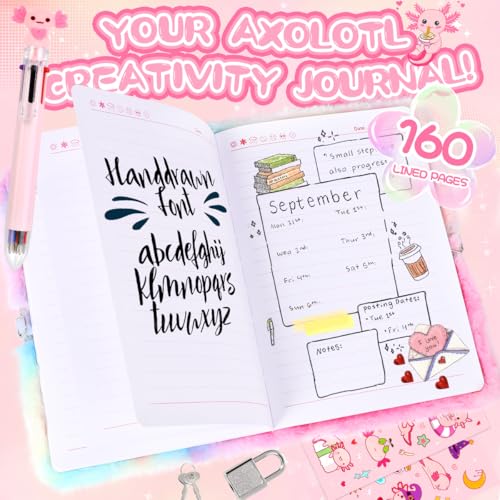 Image of Axolotl Diary For Girls With Lock And Keys, Girls Fuzzy Notebook Gift Set For Writing And Drawing