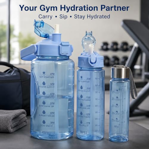Image of Water Bottle Combo Set of 3 with Sipper & Straw, Blue