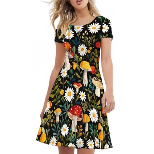 Image of HUGS IDEA Womens Puffy Swing Midi Dress Round Neck Short Sleeve Party A-Line Dresses