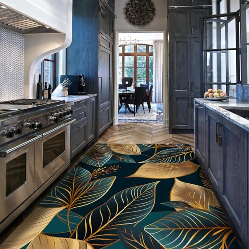 Tapis de cuisine feuille d or turquoise imprimé abstrait moderne