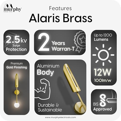 Image of Murphy Alaris Brass LED Wall Light 12W | Gold Decorative Wall Lamp | 3 in 1 White Color Modes | Aluminium Body | Indoor Designer Wall Light | 2 Year Warranty | Pack of 5