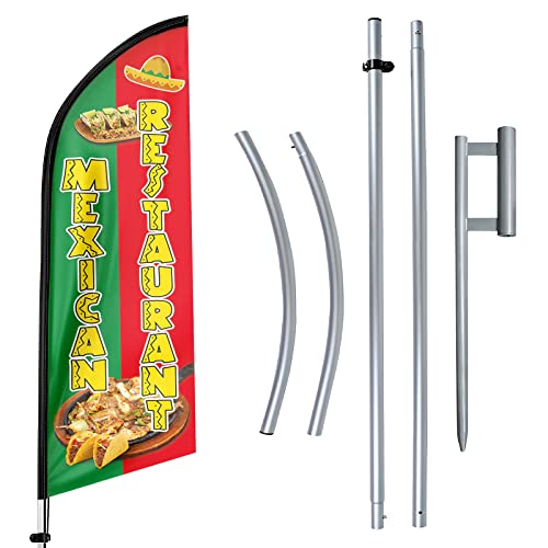 FSFLAG Mexican Restaurant Advertising Swooper Flag Banner, Mexican Restaurant Feather Flag Pole Kit and Ground Stake, Advertising Feather Banner Sign for Mexican Restaurant Food Business 11Ft