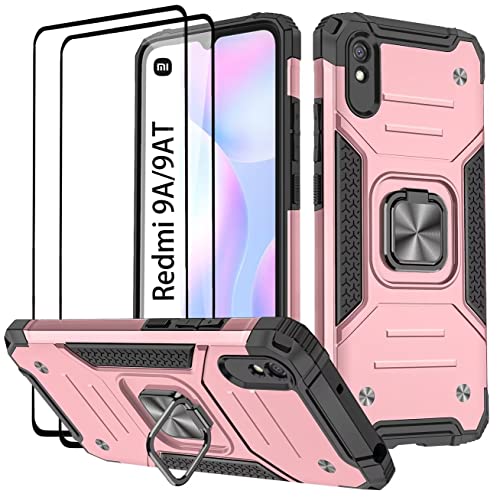 Cover compatibile per Xiaomi Redmi 9A 9AT Vetro Temperato 2 Pack Custodie 360° Rotante Anello Magnetica Ring Supporto Bumper per 9A - Rose Gold silicone tpu
