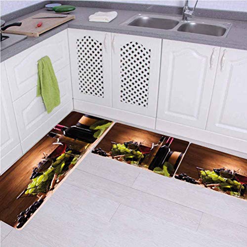 Wine 3D Non-Slip Kitchen Mat Runner Rug Set,3Pc Kitchen Rug Set,Glasses Of Red And White Wine Served With Grapes French Gourmet Tasting Decorative,For Entryway Kitchen And Bedroom,Brown Ruby Light Gre #TOP1