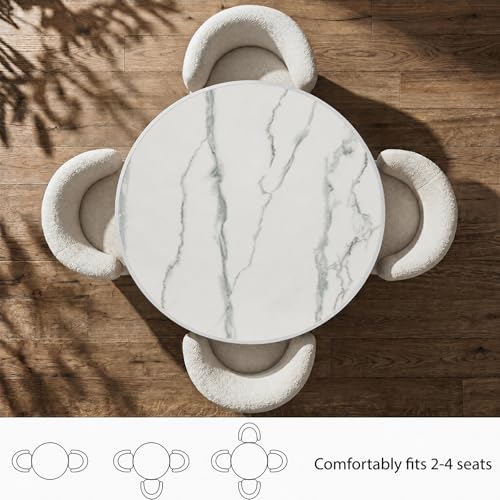 Image of 63 inch Tulip Table, Small Round Dining Table with 1.2 inch Thick Sintered Stone Tabletop and Golden Metal Pedestal Base, Bistro Table for Diner, Bar, Restaurant, kitchen, Bakery,Apartment (Marble Pure White)