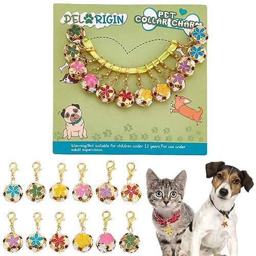 DELORIGIN 12pcs Flower Beads Pet Collar Bells Enamel Sakura Bell Charms Cat Dog Collar Pendants with Lobster Clasps Clip-on Charms for Bag Keychain DIY Pet Bell Necklace Crafts Making Home Decor