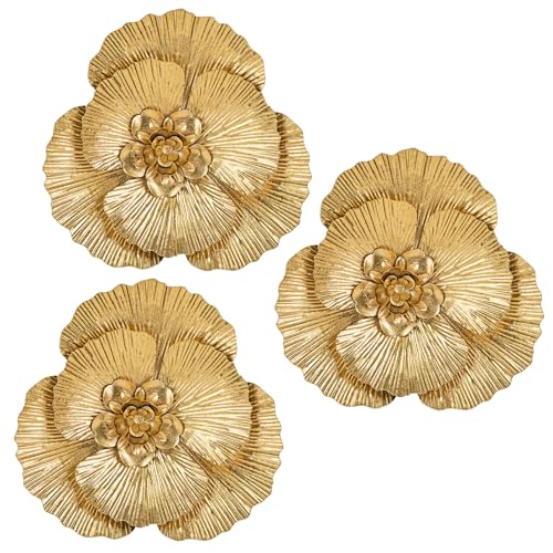 DILATATA 3 Pcs Metal Flower Wall Art Set 10 Inch Rustic Modern Floral Sculpture 3D Metal Flower Wall Hanging Accent for Indoor Living Room Bedroom Kitchen Bathroom Garden Patio Decor - Gold