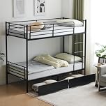 Karlhome Twin Over Twin Bunk Bed, Bunk Beds for Adults Kids Bunk Bed with 2 Drawers Double High Sleeper Bed with Ladder ＆ Guard Rails, Heavy Duty Metal BunkBeds for Teens - No Box Spring Needed, Black