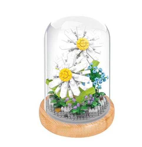 WiseHawk Kit de Blocs Miniatures pour Assembler des Fleurs. avec Support en Bois et Couvercle de dôme. Marguerite