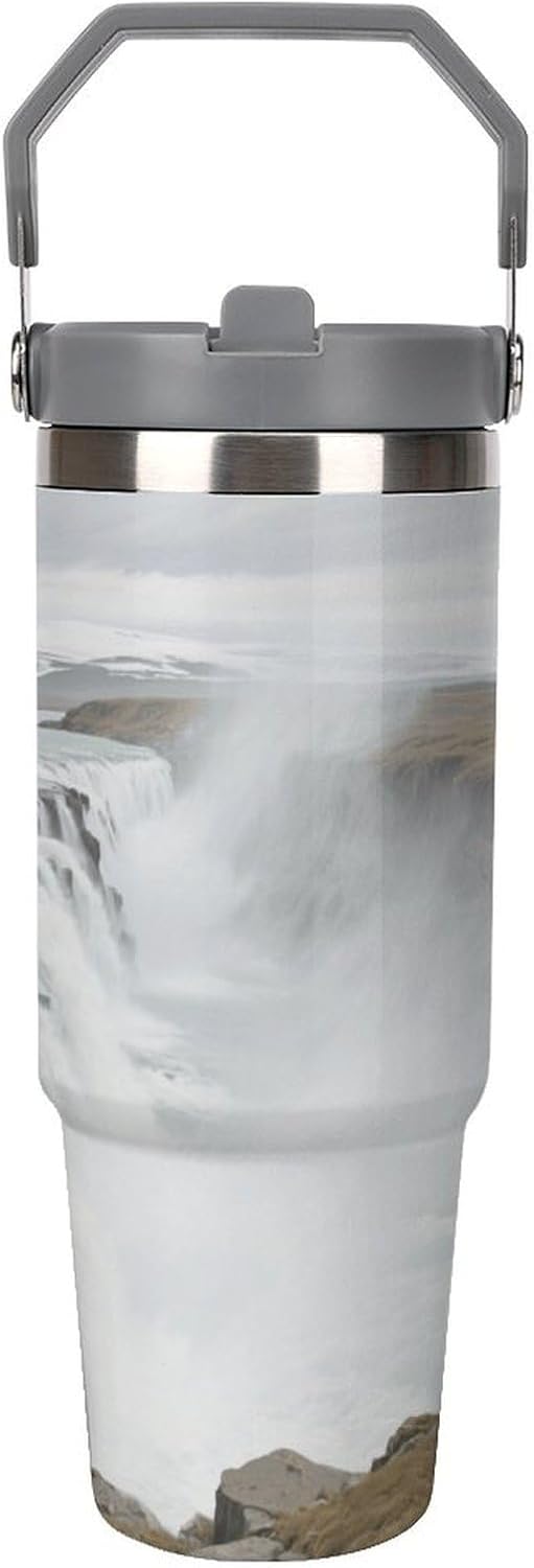 30 Oz Insulated Mug with Handle Lid And Straw Dettifoss Pattern Large Metal Sports Bottle Great for Gifts Parties Office Coffee