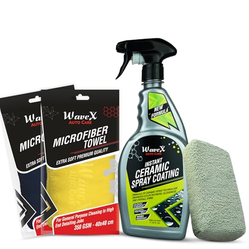 Image of Wavex Instant Ceramic Coating for Car - 650ml with Microfiber Cloths & Applicator Pad- Easy to Apply - Just Spray and Wipe - Super Hydrophobic, Extreme Gloss, Smoothness and Protects Paint