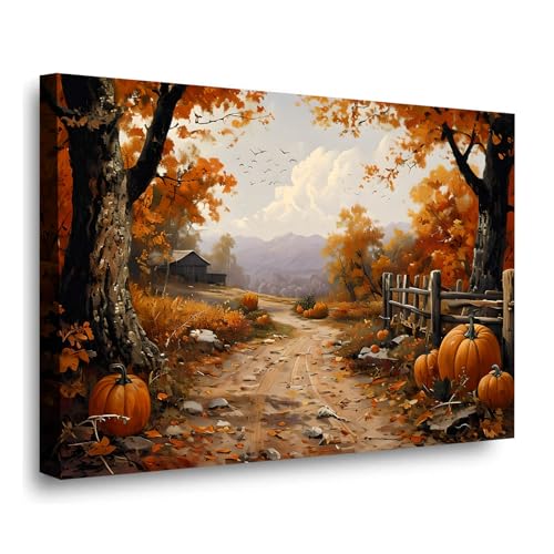 Autumn Barn Canvas Wall Art Country Autumn Landscape Oil Painting Nature Painting With Winding Path And Colorful Foliage Living Room Bedroom Bathroom Farmhouse Wall Decoration