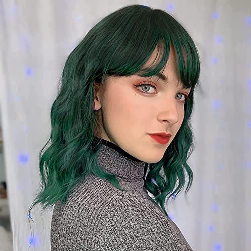 AISI HAIR Mixed Green Synthetic Short Curly Bob Wigs With Bangs Green Bob Wavy Wig for Women Synthetic Heat Resistant Bob Wigs