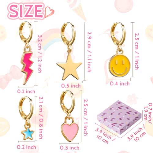 LieToi 9 Pairs Preppy Earrings Pack with Colorful Happy Smile Lightning Bolt Heart Star Charms Pendants Gold Small Huggie Hoop Dangle Earrings Trendy Y2K Preppy Jewelry Gifts for Teens Women2