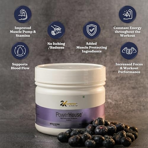 Image of POWERHOUSE by 2X Nutrition High-performance pre-workout | 450 gm | 30 Servings | Constant Energy throughout | Increases focus | Improves performance | 0.2g caffeine | Blueberry Flavor