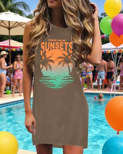 Image of MYHALF Summer Tank Dress for Women Sleeveless Beach Vacation Sundress Short Coconut Tree Sun Dress Casual Coverup