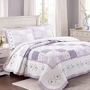 Cozy Line Home Fashions Love of Lilac Bedding Quilt Set, Light Purple Orchid Lavender Floral Real Patchwork 100% Cotton…