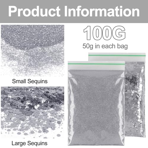 100g Glitzer Basteln Gold, Pulver zum Basteln, Glitzerpulver für Makeup, Nägel, Gesicht, Handwerk, Nagelkunst, Kartenbasteln (Silber)
