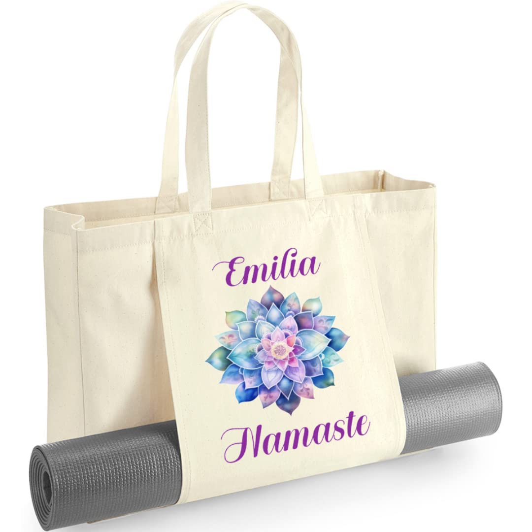 Hoolaroo Personalised Yoga Mat Bag for Women - Stylish Mandala Lotus Design Yoga Mat Carrier - Perfect for Pilates, Exercise, Workout, Gym, Beach Gift - 36 x 50 x 13 cm (Natural)