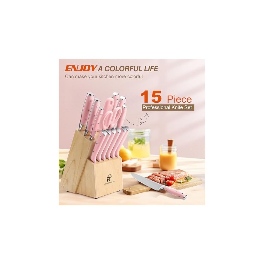 Kitchen-Knife-Set15-Pieces-High-Carbon-Stainless-Steel-Knife-Block-Set-with-Wood-BlockCutlery-Block-Knife-Set-Forged-Triple-RivetRazor-Sharp-Blade-Ergonomic-HandleDishwasher-Safe-Pink Kitchen Knife Set,15-Pieces High Carbon Stainless Steel Knife Block Set with Wood Block,Cutlery Block Knife Set, Forged Triple Rivet,Razor-Sharp Blade Ergonomic Handle,Dishwasher Safe (Pink)