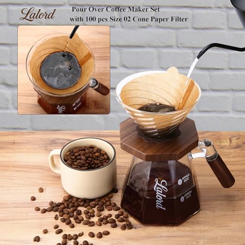 Image of Lalord Pour Over Coffee Maker, 20 oz Borosilicate Glass Set with 100 pcs V60 Paper Filter, Walnut Collar & Glass Lid, Drip Coffee Maker, 1-3 Cups, Clear (B-600 ml Set)