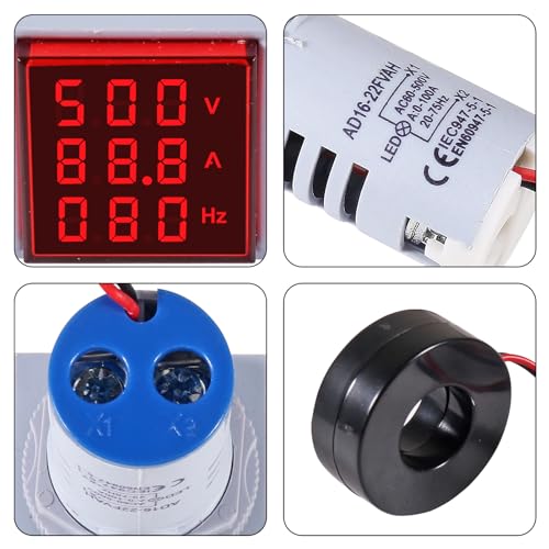 Image of 3PCS Square LED Digital Voltmeter Ammeter Hertz Meter AC20-500V Signal Lights Voltage Current Frequency Combo Meter Indicator Tester with CT(White+Blue+Red)