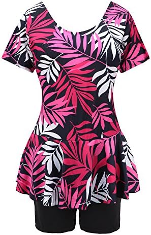 Knaspor One Piece Swim Dress Modest Swimsuit for Women Floral Leaf Print Short Sleeve Swimwear Rose Red,14-16
