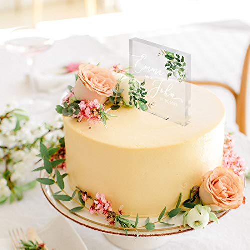 Andaz Press Greenery Eucalyptus Custom Wedding Cake Topper, Acrylic Square Personalized Couple Cake Topper #TOP2