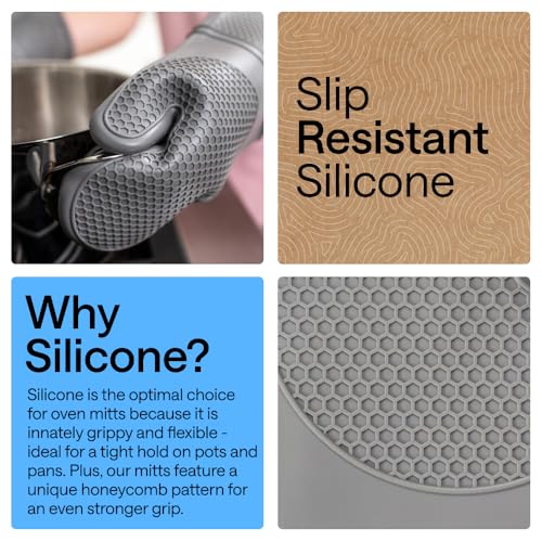 Image of GORILLA GRIP BPA-Free Soft Silicone Oven Mitts, 14.5x8.3, Heat Resistant and Waterproof Cooking Gloves, Thick Cotton Lining, Flexible Gripping for Baking Grilling, Kitchen Potholders Set of 2, Gray