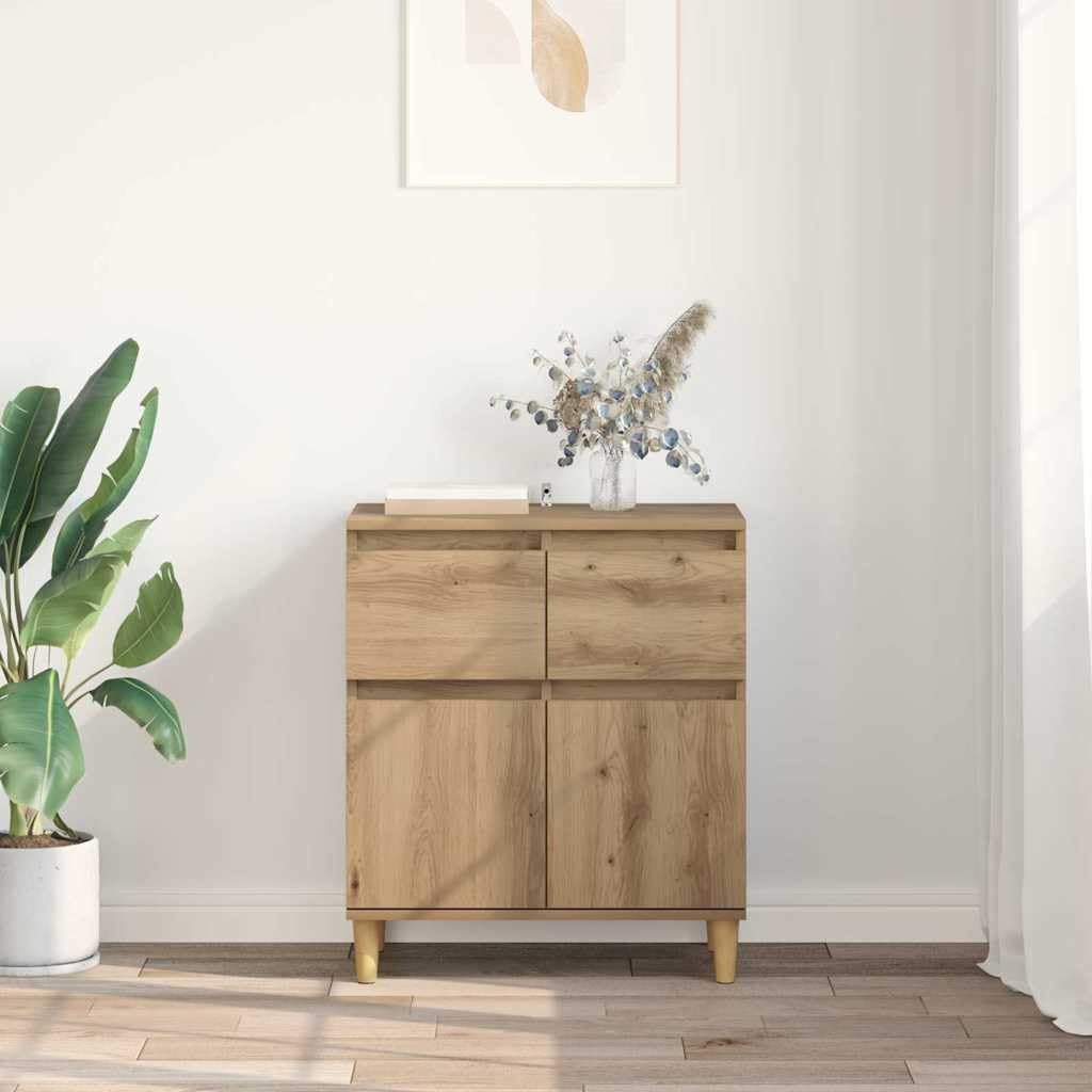 Buffet Chêne Artisanal 60 x 35 x 70 cm en Bois d'Ingénierie, Meuble de Rangement Moderne avec 2 Portes et 1 Tiroir à Roulement à Billes, Enfilade Style Scandinave pour Salon et Couloir