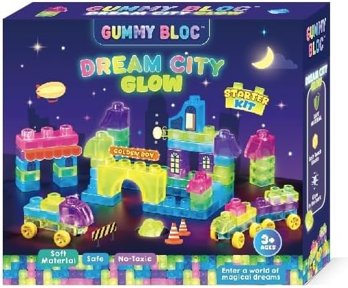 JOY SPOT! Gummy Bloc Dream City Glow Starter Kit, Soft Glow in the Dark Building Blocks, Squishy Stacking Toy