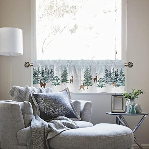 Hawskgfub Snowy Winter Woodland Pine Tree Deer Kitchen Curtains Valance 54X18, Seasonal Blue Short Topper Window Treatment Rod Pocket, Holiday Home Farmhouse Living Room Bedroom Bathroom Decor 2 Pack #TOP6