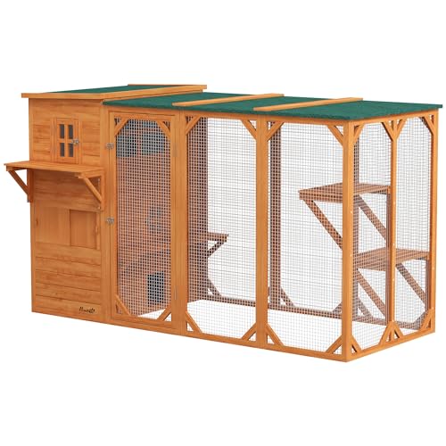PawHut Catio Outdoor Cat Enclosure, Large Wood Kitten Cat House Enclosure with 3-Level Design, Weatherproof Roof, Big Hiding Areas, Multiple Platforms, Resting Box, 45