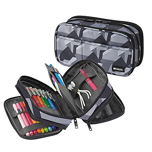 Image of LIHITLAB Large Capacity Triple Zipper Pencil Case For School Office College, Big Capacity 8 Compartments Pencil Bag Holder Adults Teen Boys Girls, Travel Cosmetics Storage, Ice Gray Camo (A7556-135)