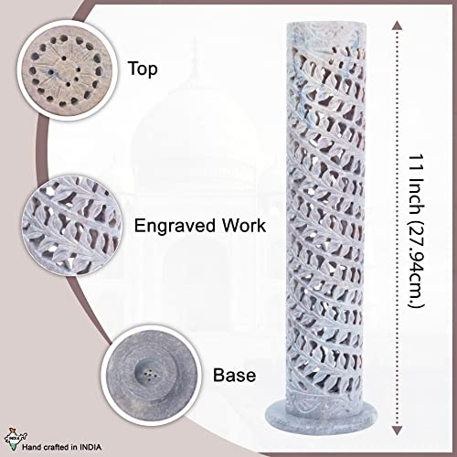 Crocon Handmade Soapstone Incense Stick Burner Round Shape Burner Leaf Line Design Tower Burner | Tower Candle Holder | Decorative Home & Living Room Decor Best Gift Size - Lxwxh (7X7X26) Cm #TOP3