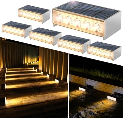 T-SUN Solar Step Light 3000K Solar Stair Lights Outdoor Waterproof LED Step Lights for Outside Stair Deck Pathway Patio Porch Warm White 6 Pack