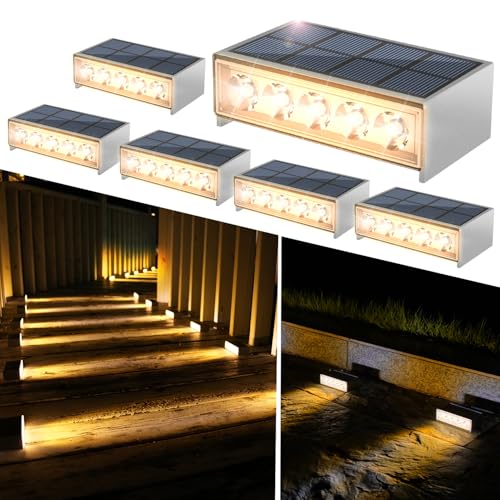 NATPOW 6 Packs Solar Stair Lights, Dusk Till Dawn Outdoor Lights, Warm White Solar Step Lights, Ip65 Waterproof Deck Light, Wall Light for Front Porch, Fence, Yard, Patio, Pathway
