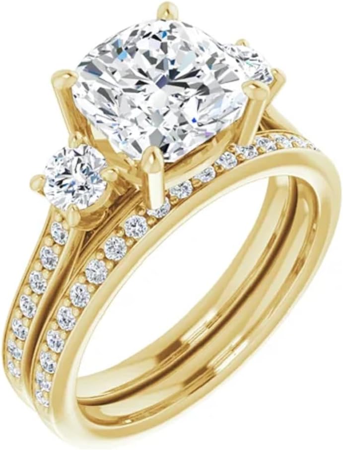 10K Solid Yellow Gold Handmade Engagement Rings 3CT-5CT Cushion Cut Moissanite Diamond Solitaire Wedding/Bridal Ring Set for Women/Her Propose Ring