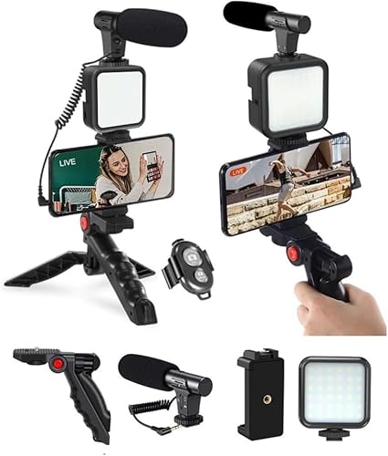 Kit Vidéo Smartphone Professionnel, Kit Vlog Téléphone, Comprend Lumière LED, Microphone, Téléphone Support et Trépied - Compatible iPhone, Android, Youtube, TikTok, Vlog, Live Streaming