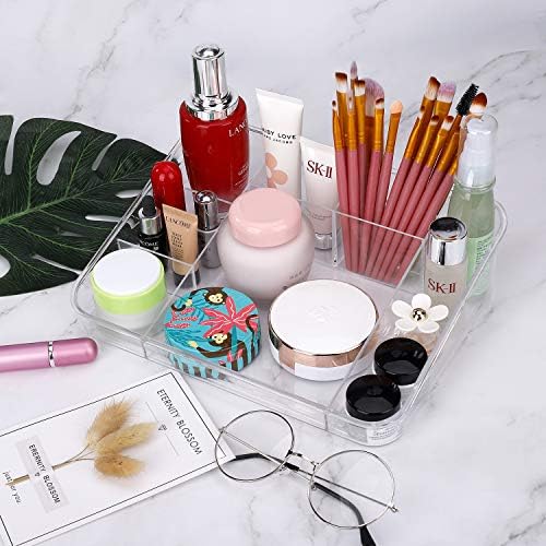MaoXinTek Makeup Organizer Tray, Cosmetic Desktop Display Case, Clear Brush Holder with 8 Compartments for Vanity Countertop Bathroom Drawers Acrylic Storage Box, Crystal Transparent Bins for Jewelry