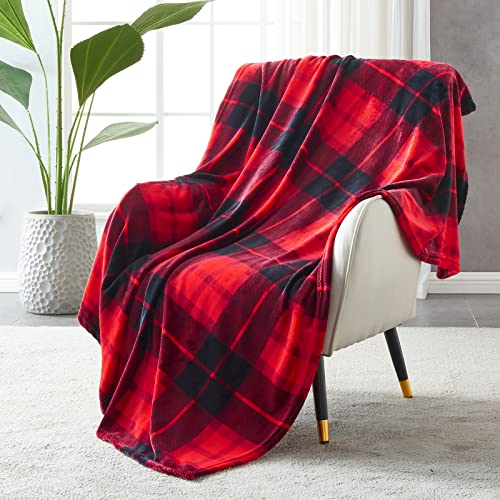 SOCHOW Flanell Fleecedecke 150 × 200 cm, ganzjährig Rot Karierte Decke für Bett, Couch, Auto