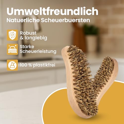 Foto von 2 Stück Scheuerbürste, Reinigungsbürste mit extra harten Borsten, Putzbürste, Hand Schrubber, Ergonomischer Griff aus Holz in S-Form, Wurzelbürste für Küche, Garten, Haushalt - Made in Germany