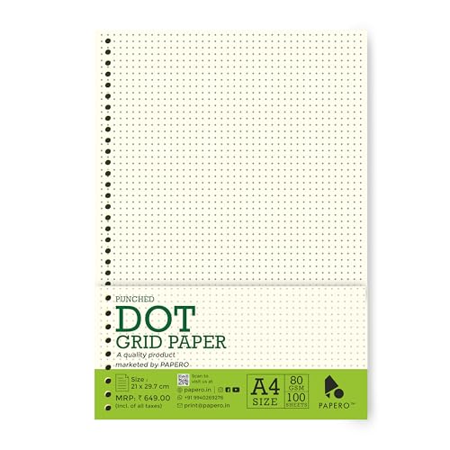 Image of PaperO A4 Punched Loose Leaf Dot Grid Paper | 80 GSM | 100 Sheets | Size (21 x 29.7 cm) | Ideal for Artists & Designers | Suitable for Spiral Binding (Green, A4)